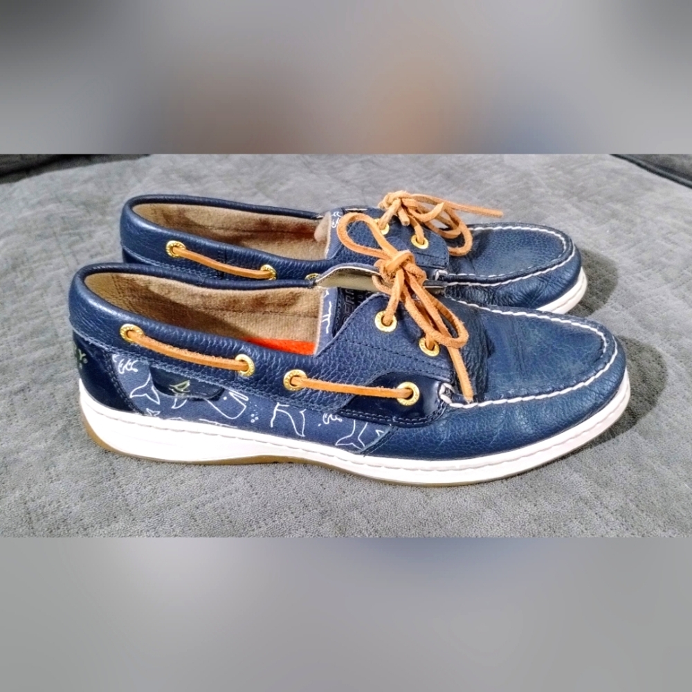 Sperry Shoes Womens 8M Bluefish Critter Print 2 Eye Boat 9266610 Blue Leather